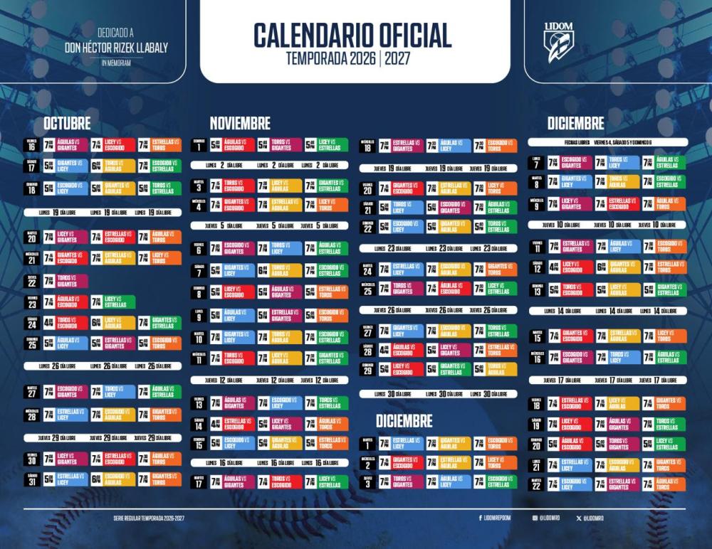 Calendario del Campeonato 2026-2027 aprobado por LIDOM